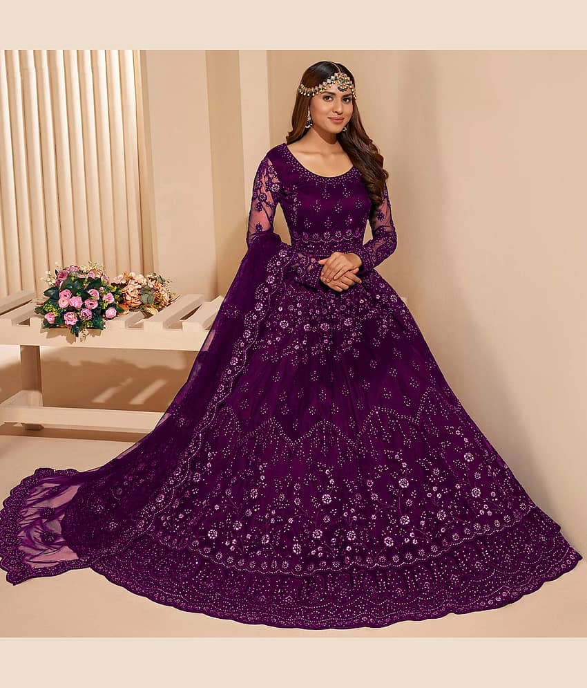 A TO Z CART Wine Flared Net Women's Semi Stitched Ethnic Gown ( Pack of 1 )