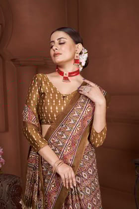 Handicraft Ladies Ikat Block Print Pure soft Cotton Sari With Blouse Piece AJARAKH