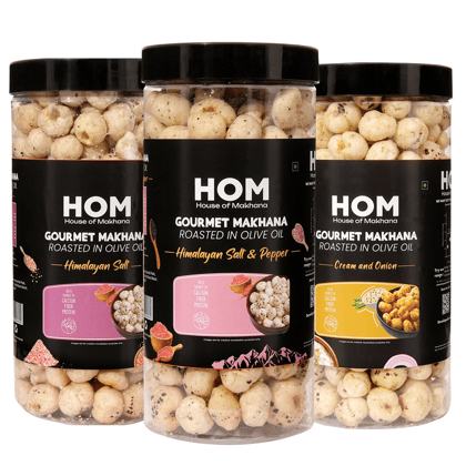 GOURMET MAKHANA Roasted in Olive Oil | Flavors Himalayan Salt & Pepper, Cream & Onion, Himalayan Salt | Combo Of 3, 65g Each. - 195 gm
