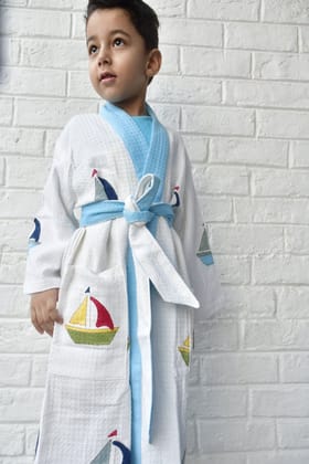 Kids HandBlock Premium Waffle Cotton Bathrobe Boat Pattern Extra Large (8-10 years)