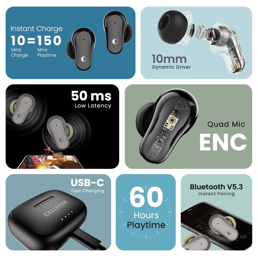 Cellecor BroPods C109 QUAD TWS, 60H Playtime,Quad Mic ENC,5.3v BT,50ms Low Latency Gaming Bluetooth-Black Grey