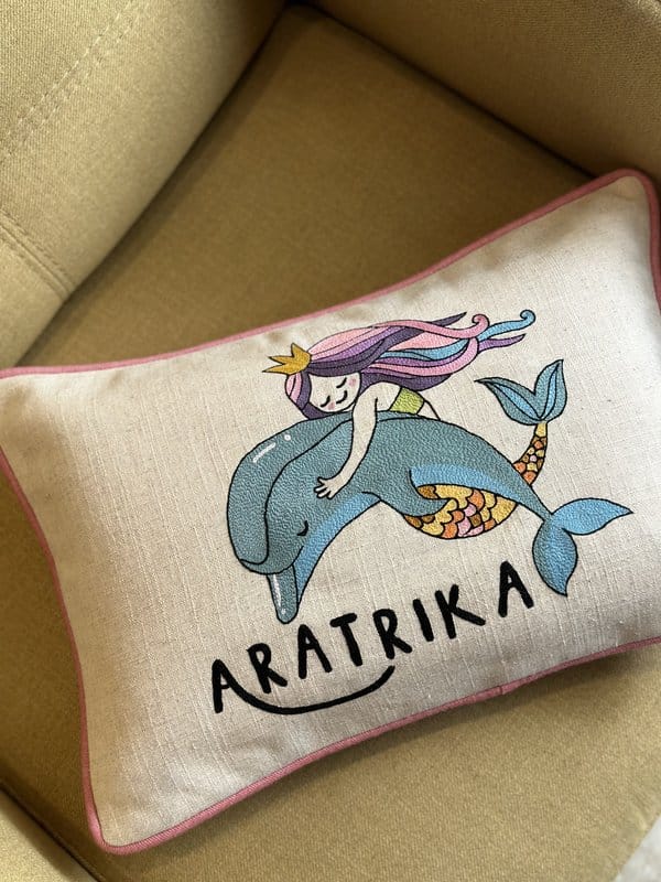KRI India Tots Mermaid Personalised Name Cushion Cover | Cream with colourful embroidery  | 12x18 inches  | Wash & Care | 100% Cotton | Handcrafted in India. 100% organic & natural.