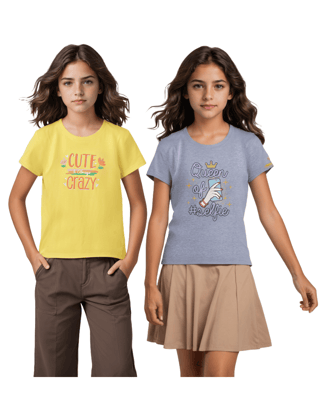 Girls T-Shirt Blazing Yellow / Grey Heather Mélange, Soft Cotton, Ages 7-14 (2pcs pack)