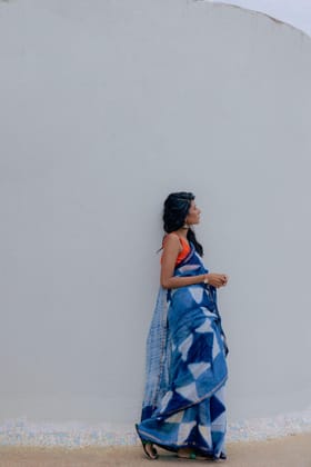 Natural dyed Dabu sarees - Malhar - Trikon tie and dye saree Dabu saree
