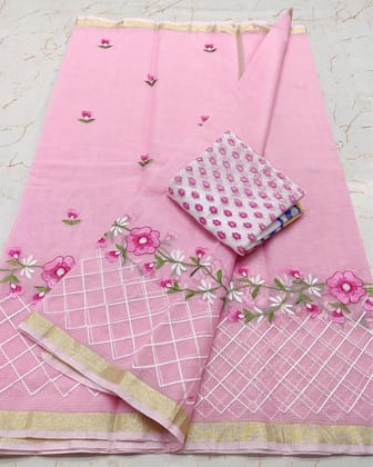 Colorful Pink Kota Doria Cotton Floral Embroidery Saree