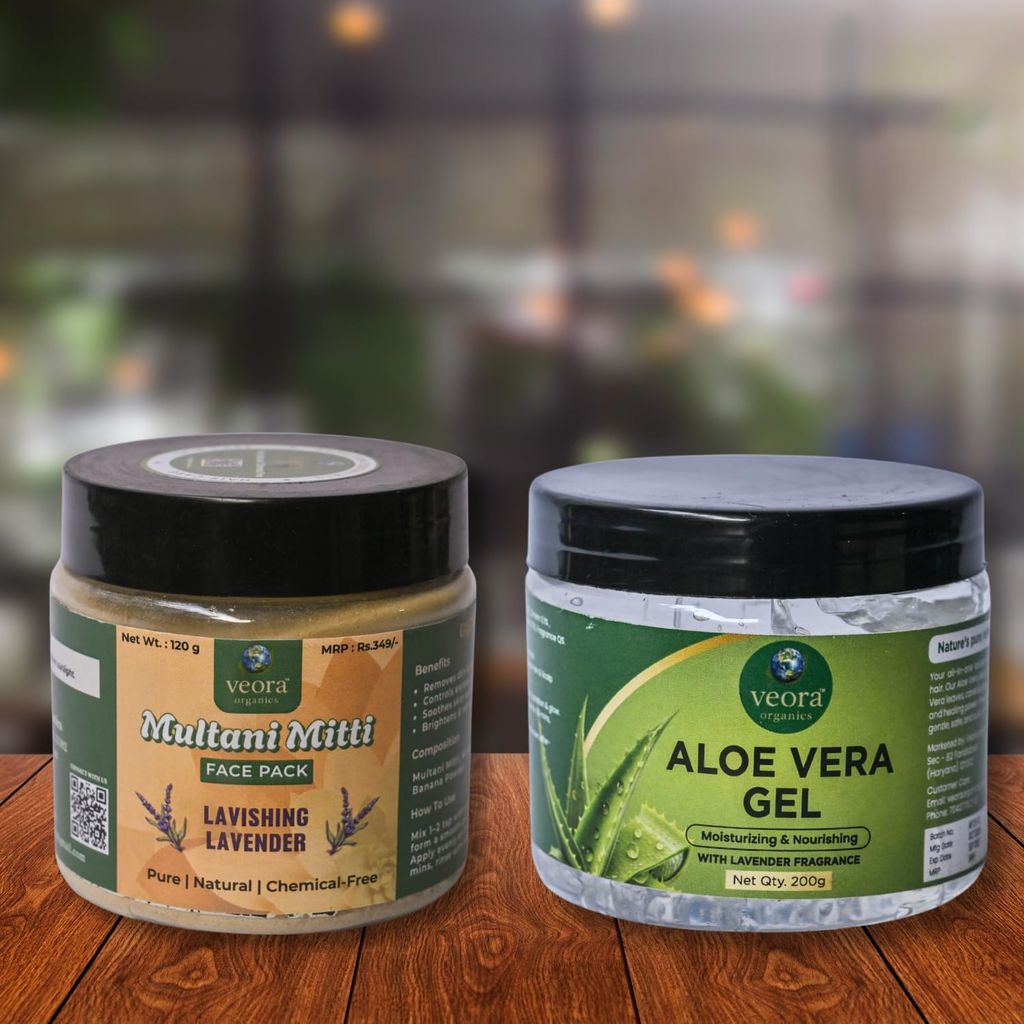 Veora Organics Multani Mitti Face Pack Lavishing Lavender & Aloe Vera Gel Combo | Natural Deep Cleansing Face Mask with Hydrating Aloe Vera Gel | Oil Control, Skin Brightening & Moisturizing | Chemical-Free Skincare | 120g + 200g