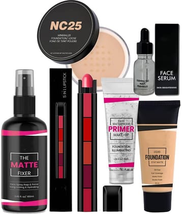 Swenky Combo Of Fixer Primer Foundation Loose Powder Serum & 5In1 Creamy Lipstick (Pack of 6)