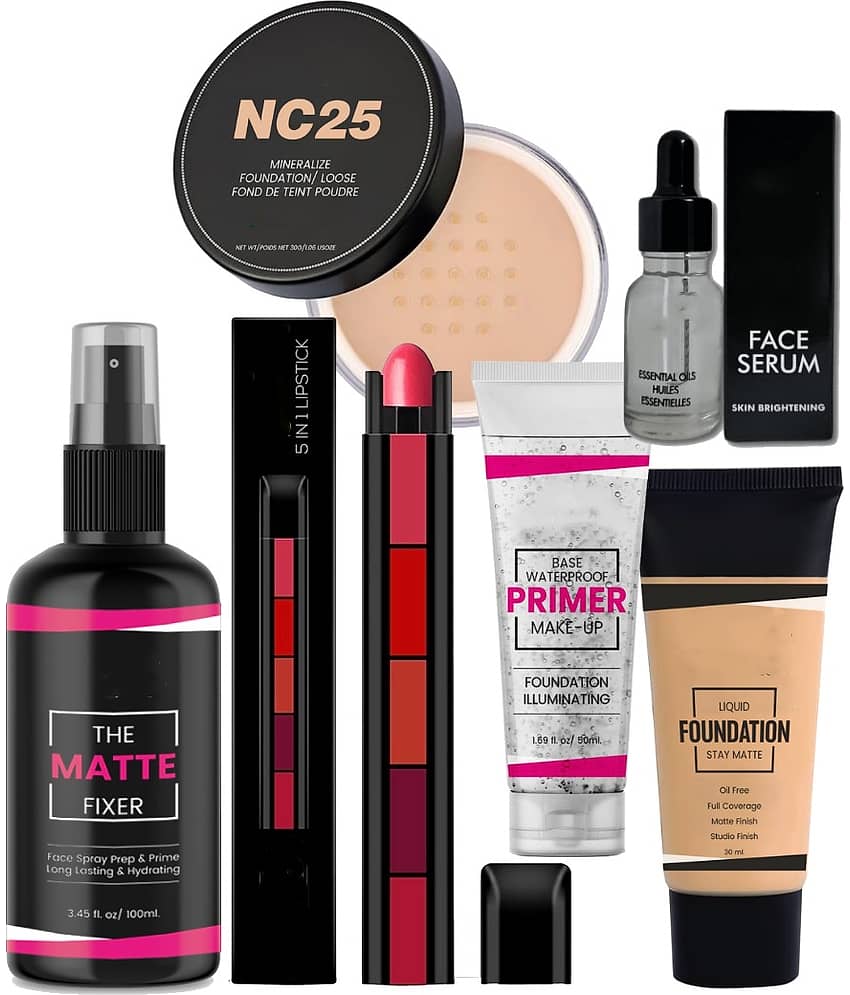 Swenky Combo Of Fixer Primer Foundation Loose Powder Serum & 5In1 Creamy Lipstick (Pack of 6)