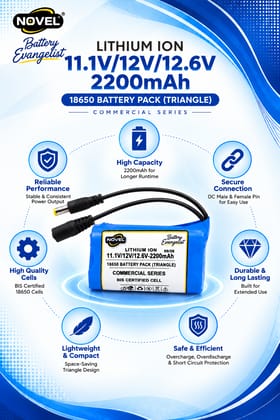 NOVEL 11.1V / 12V / 12.6V 18650 BMS LITHIUM ION TRIANGLE BATTERY PACK WITH DC FEMALE + MALE- 2200mAh