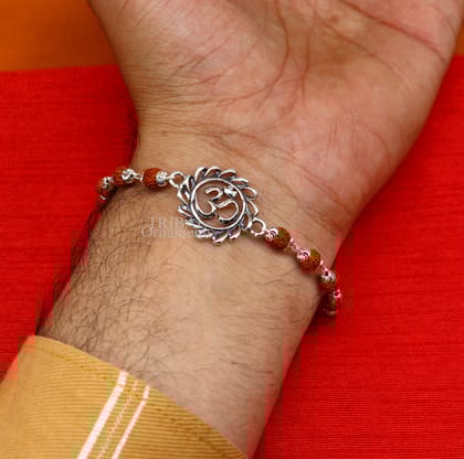 Divine Aum or OM rakhi 925 Sterling silver Rakhi bracelet Rrudrakha and silver beads best gift for your brother's for special gifting rk200-6. / Rudraksh chain rakhi