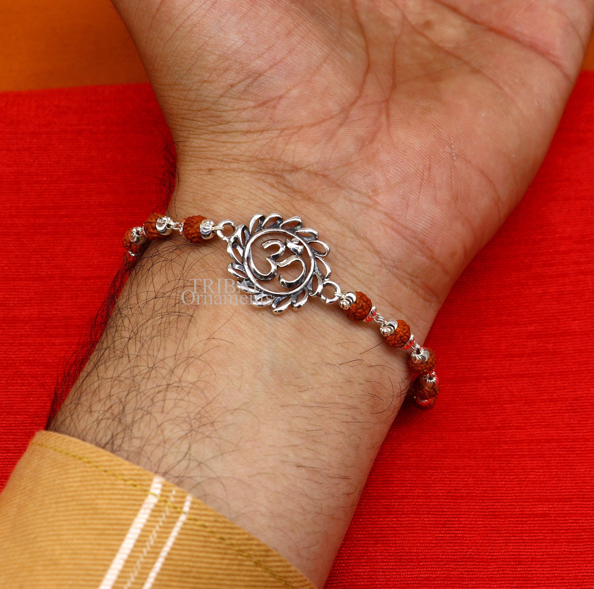 Divine Aum or OM rakhi 925 Sterling silver Rakhi bracelet Rrudrakha and silver beads best gift for your brother's for special gifting rk200-6. / Rudraksh chain rakhi
