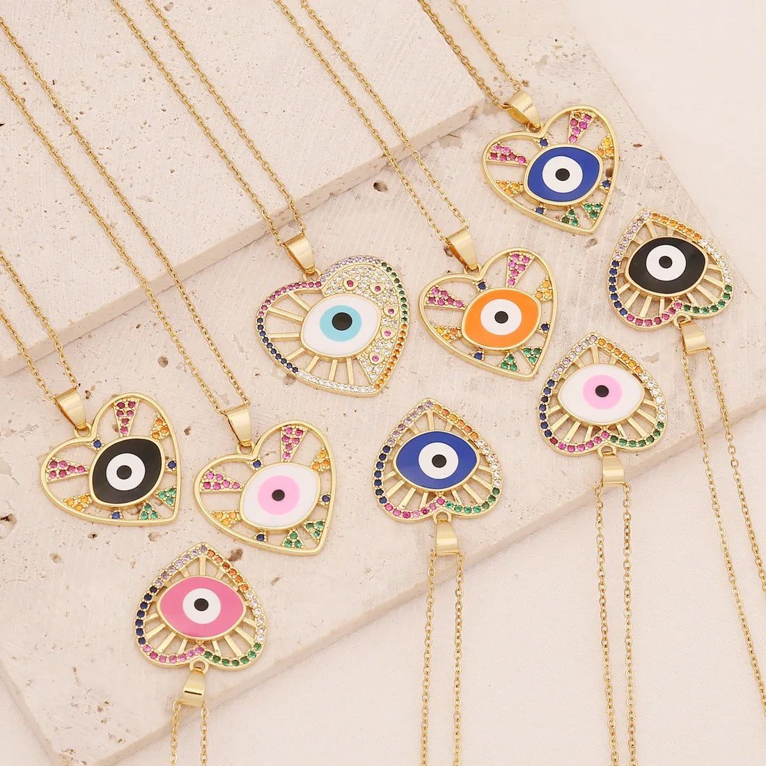 New Arrival 18K Gold Plated Colored Zircon Heart Shaped Evil Eye Necklace for Women
