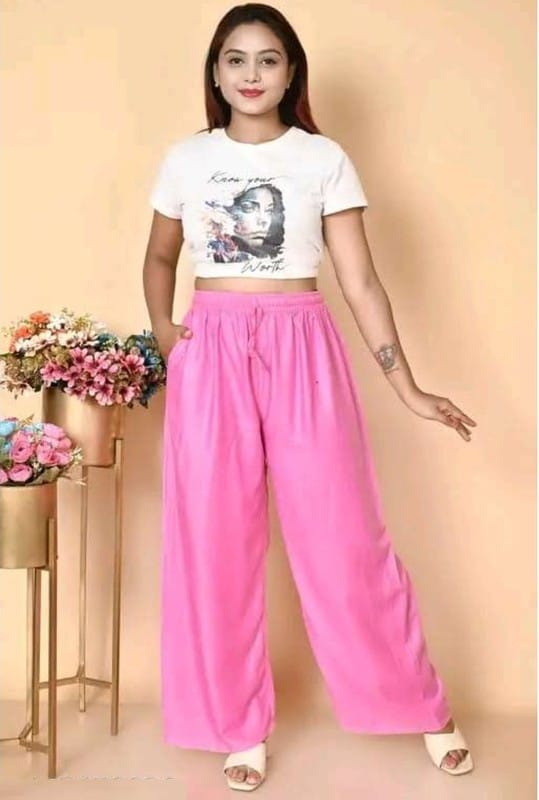 Womens Casual Rayon Solid Ankle Length Palazzo (Pink, Free Size)