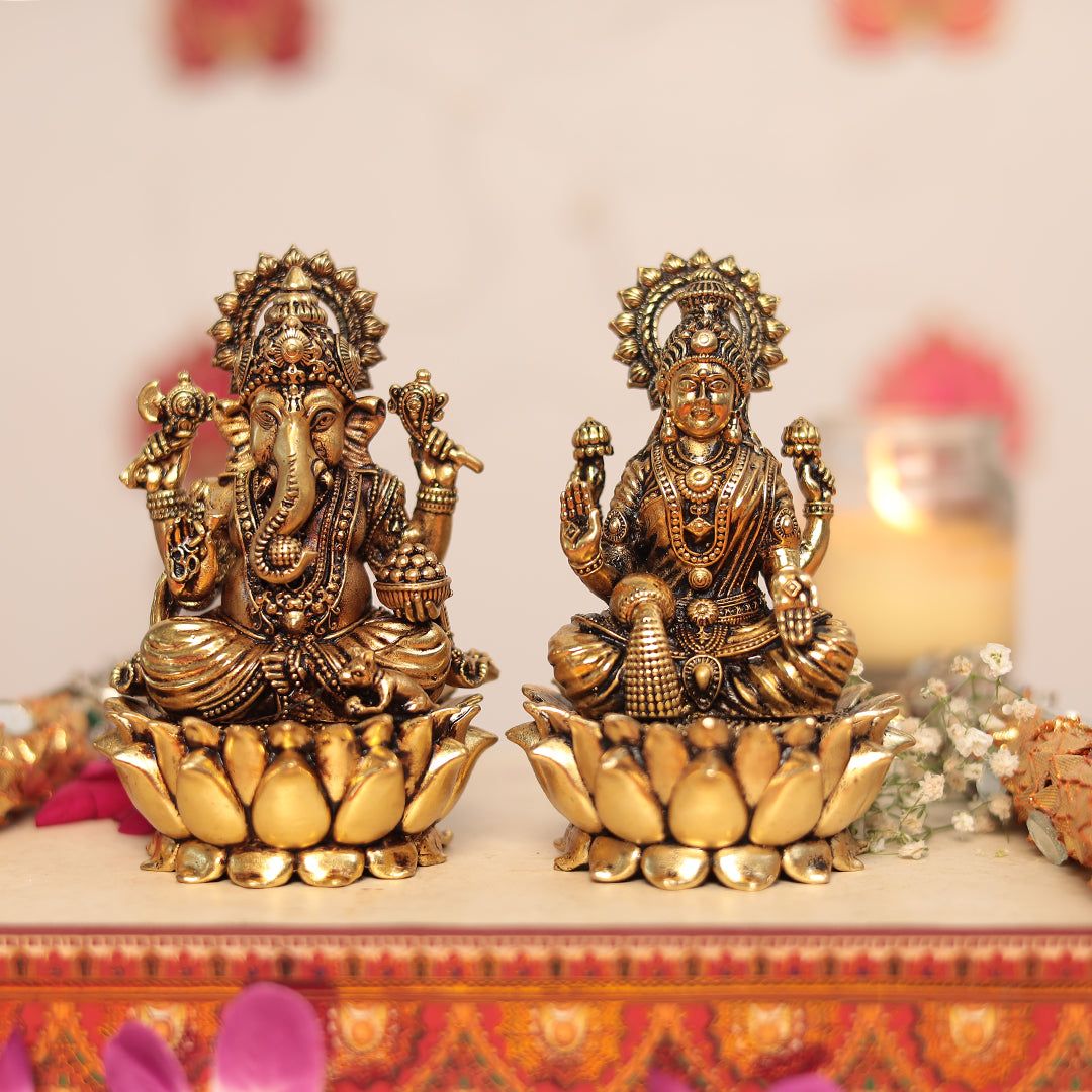 Lakshmi and Ganesh Pair Sitting On Lotus - 4.5 Inches-Mythology / Lakshmi Ganesh Pair