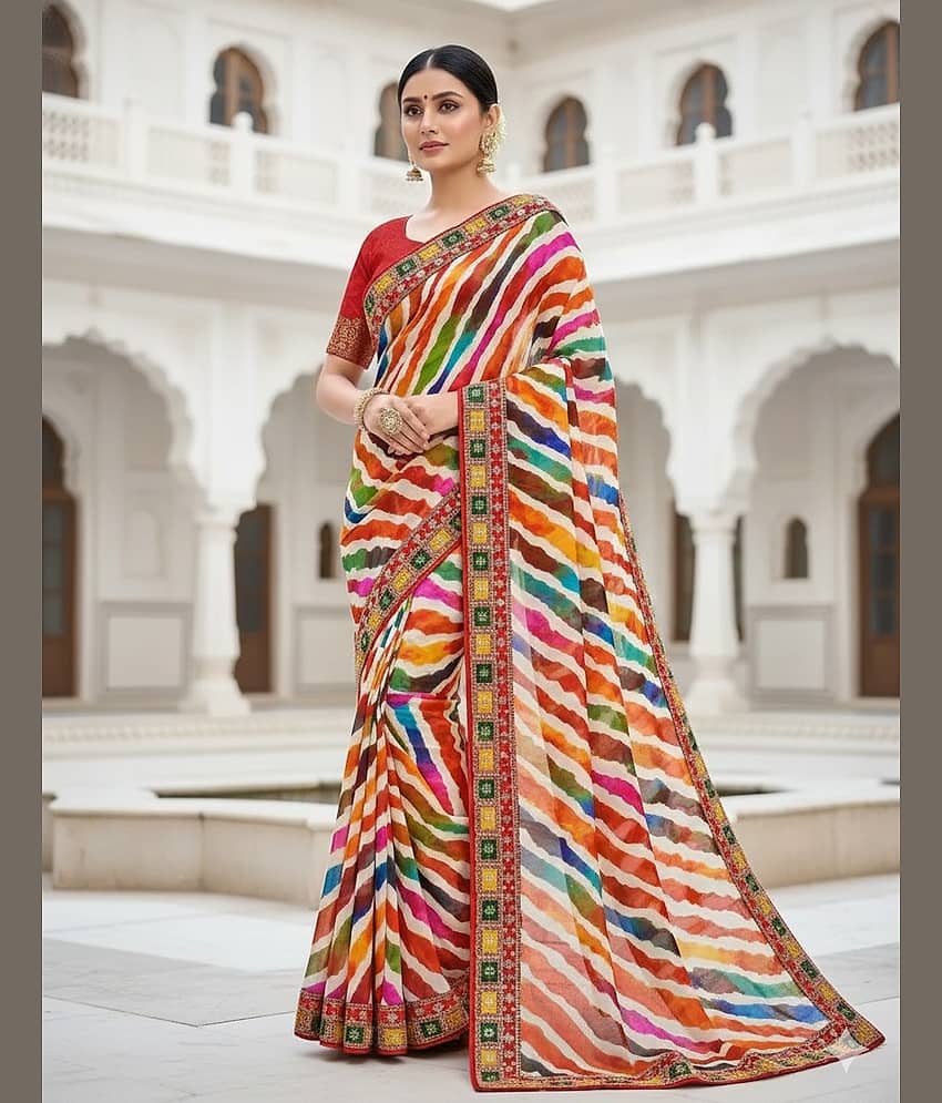 Saadhvi Georgette Printed Leheriya Saree With Unstitched Blouse Piece ( Multicolor )