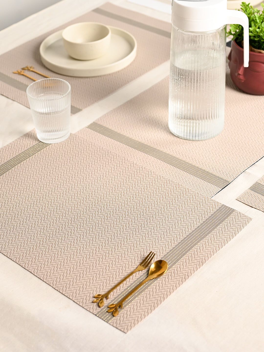 Elegant Beige Herringbone PVC Dining Table Placemat Set