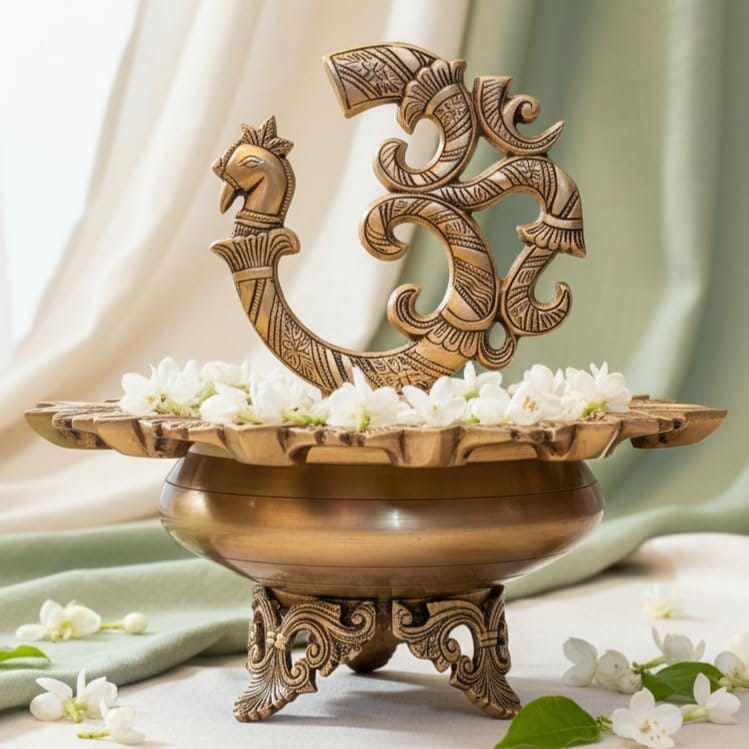 Sukh Sehaj Mayur Om Urli | Brass Urli | Decor Vessel | Handcrafted, Antique Finish, 12.0 Inch, for Home Temple, Decor, Pooja Ritual and Gifting