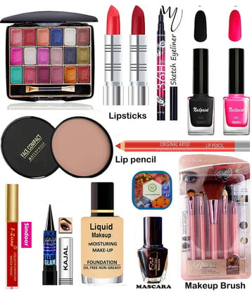F Zone Makeup Kit ( Eyeshadow,Kajal,Lipstick,Nail polish,Liner,Mascara,Foundation etc )