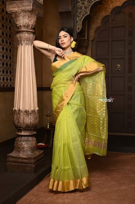 Parampara ~ Pure Silk Chanderi Saree in Exclusive Green with Golden Border