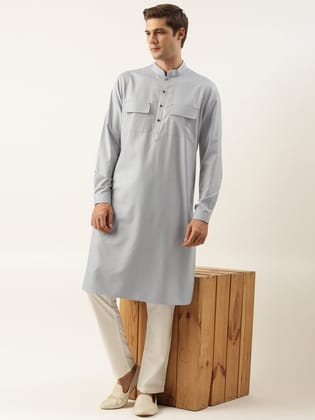 Grey Pure Cotton Pathani Kurta Set with Patch Pocket-Made To Measure / Pathani Pajama set