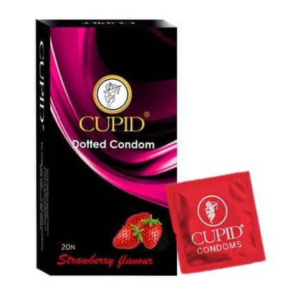 Cupid Dotted & Flavoured Condoms Strawberry Flavour (Pack of 3) | Lubricated & Multitextured Condoms | For Her Enhanced Pleasure | Pack of 3, 20 Pcs Each