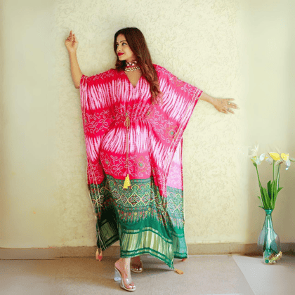 Gorgeous Pink Shibori Print Kaftan in Long Design by GlamaStitch-Free Size Up To XXL-44