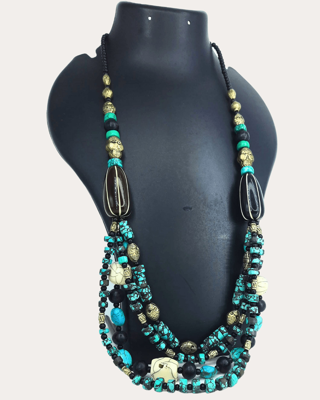 Tribal Teal and Black Beaded Necklace