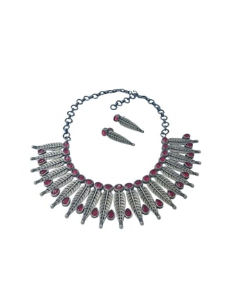 ANVAYACOLLECTIONS Traditional Oxidized Brass Feather Necklace Set with Red Stones
