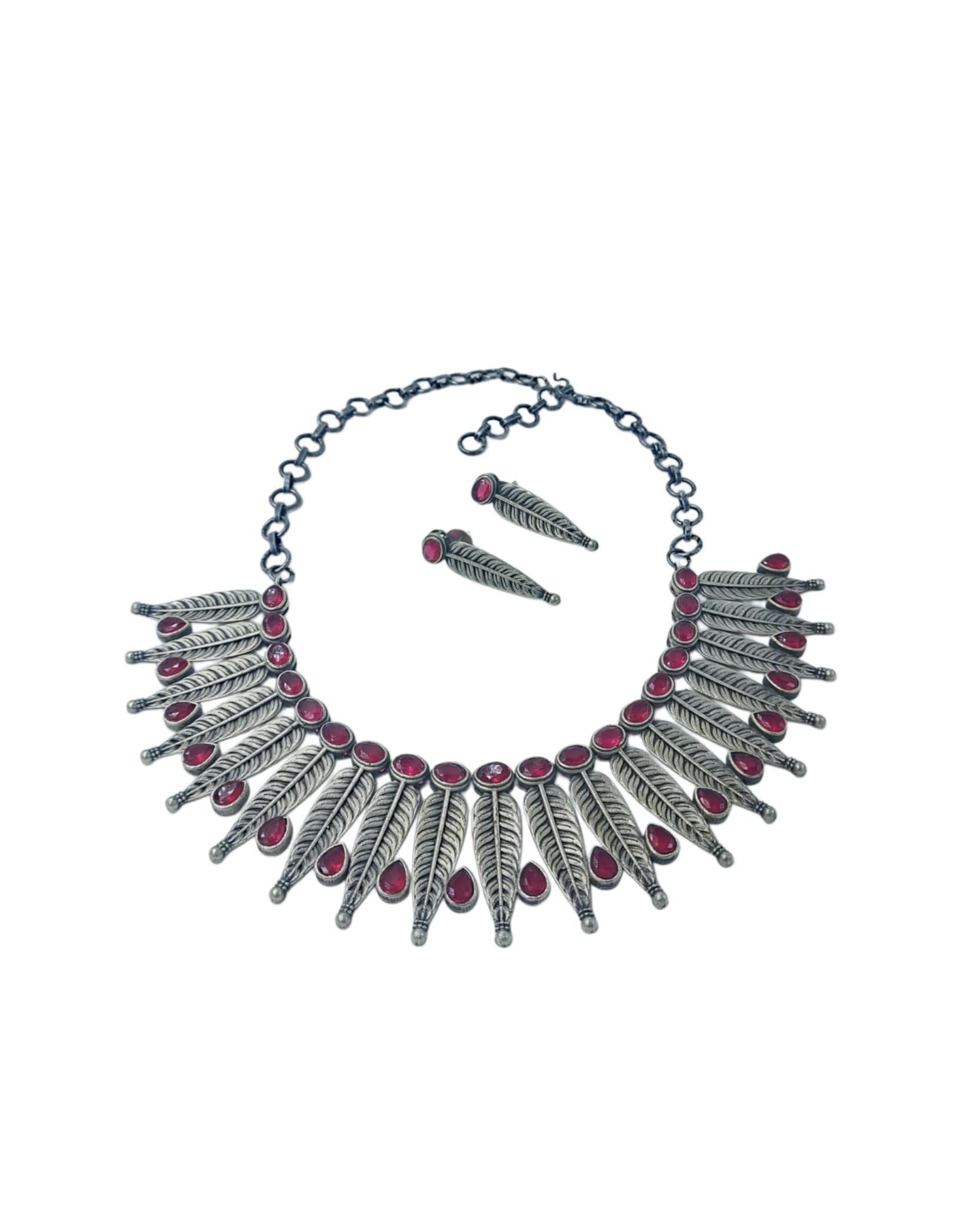 ANVAYACOLLECTIONS Traditional Oxidized Brass Feather Necklace Set with Red Stones