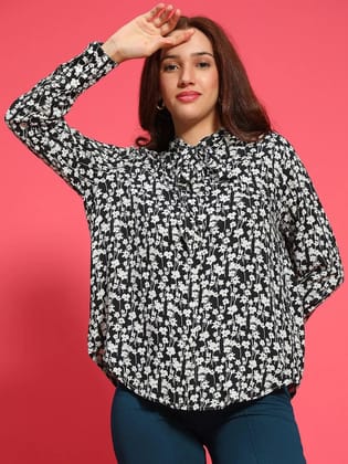 Revive Black Animal Print Round Neck With Tie-Knot Thread Women Top-S