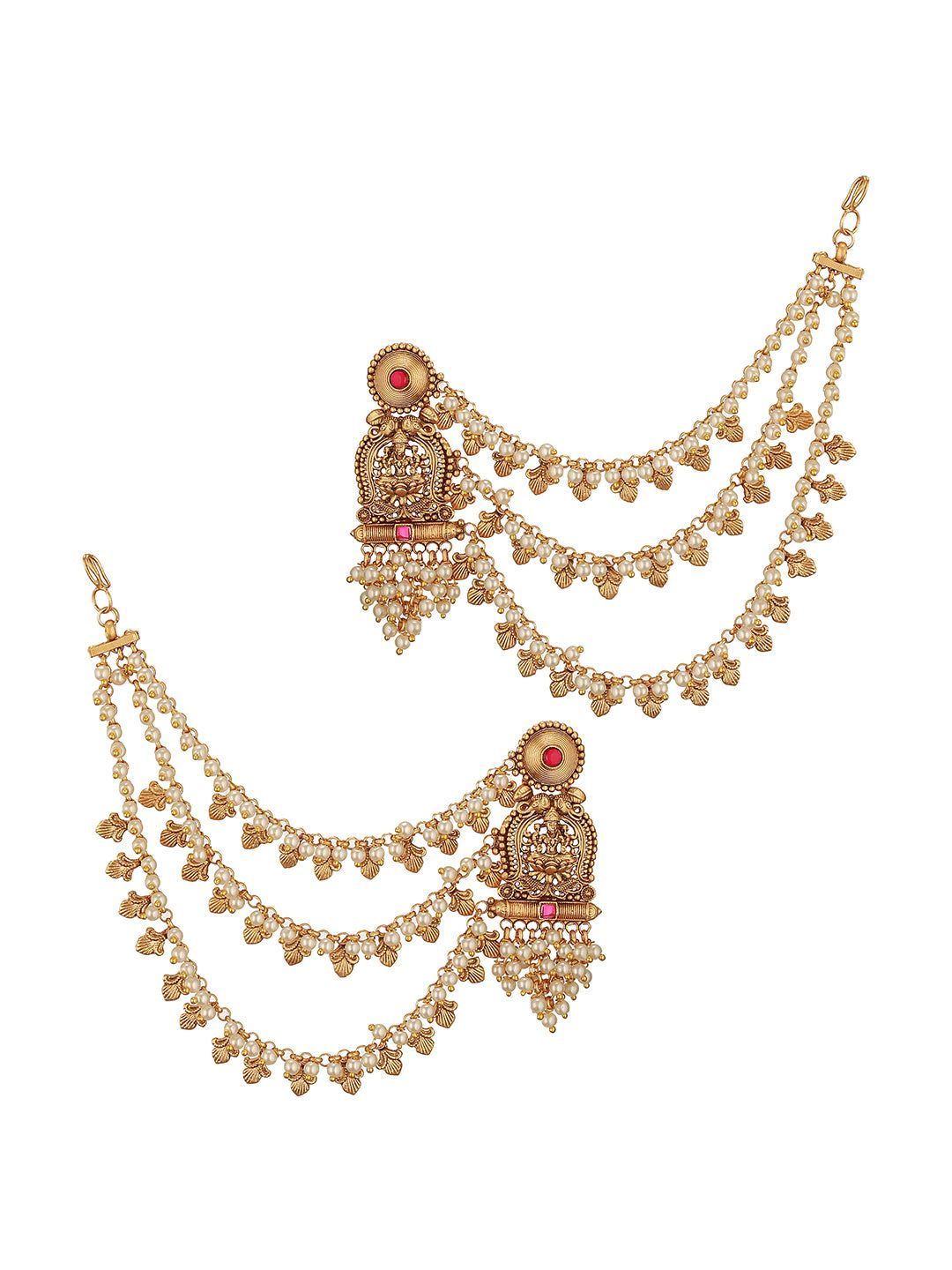 Gold Plated Kemp Stone Studded 3 Layered Pearl Lakshmi ji Design Temple Matil With Earchain Earrings