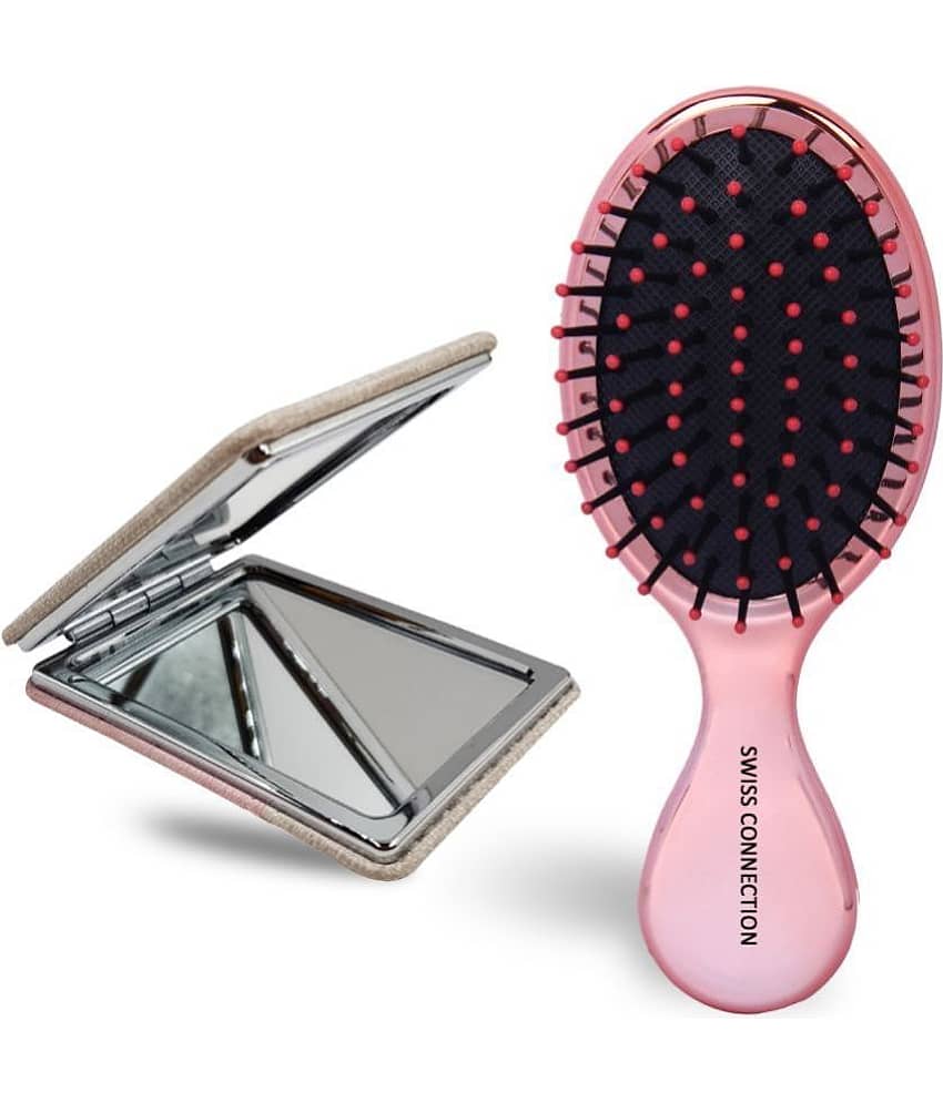 Swiss Connection Mini Detangler Hair Brush Dual Sided Square Compact Mirror 2x Pack of 2