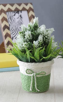 Foliyaj Artificial Plant Bush in Plastic Pot for Home Decor | Decoration Items for Living Room | Decorative Table Top Indoor Plants Bonsai for Office Desks & Counters (Plant with White Buds)