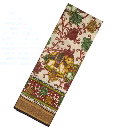 Multi Colour Blended Silk Saree With Kalamkari Elephant Print-Multi Colour