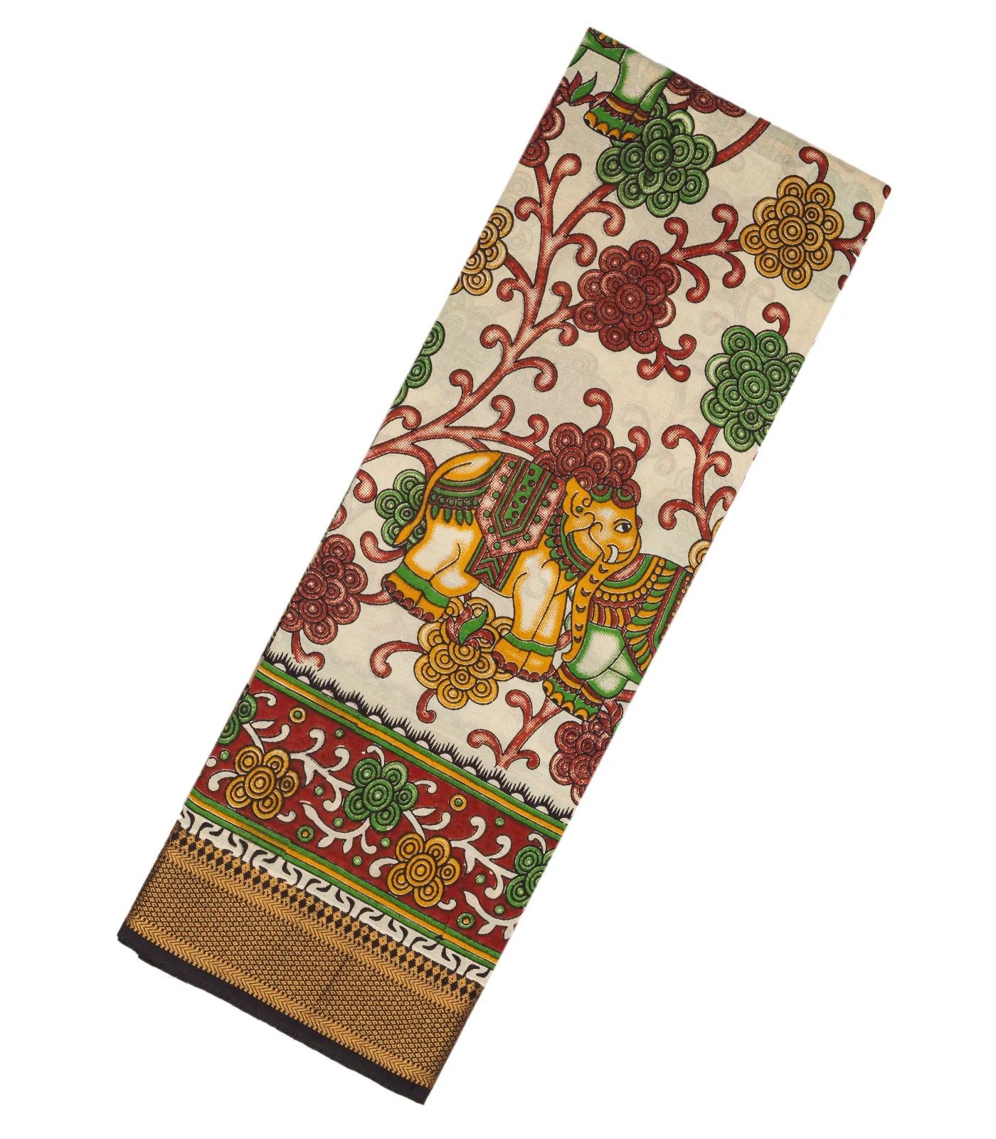Multi Colour Blended Silk Saree With Kalamkari Elephant Print-Multi Colour