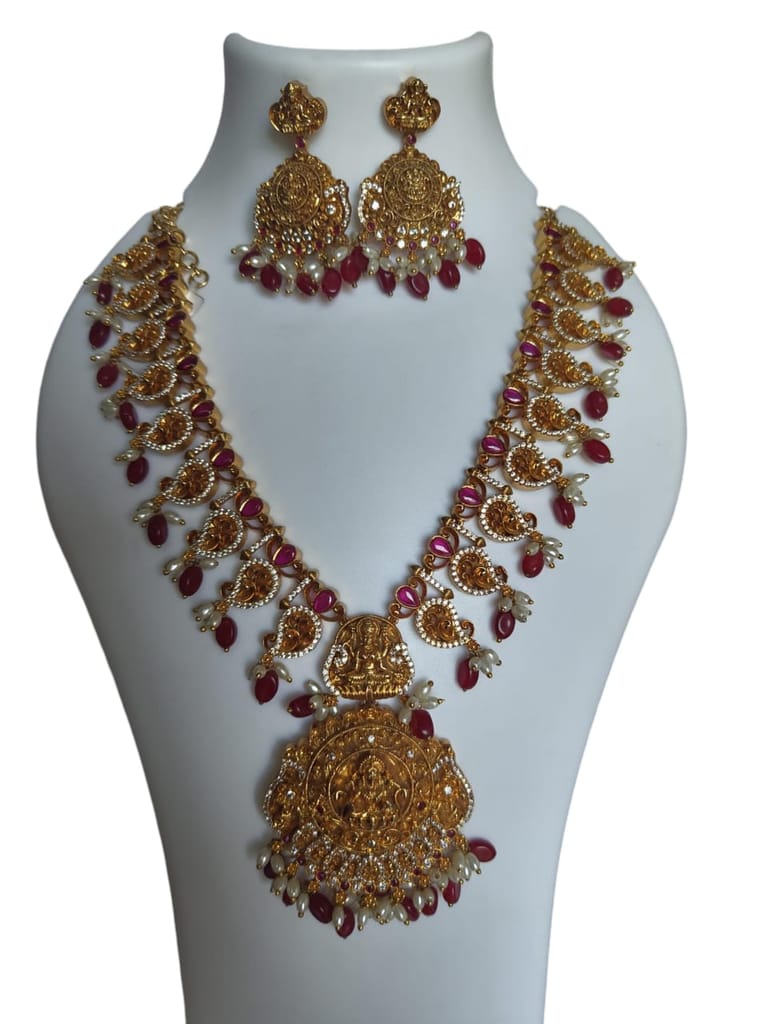 oxidized gold plated temple jewellery haram set with rubies and pearls