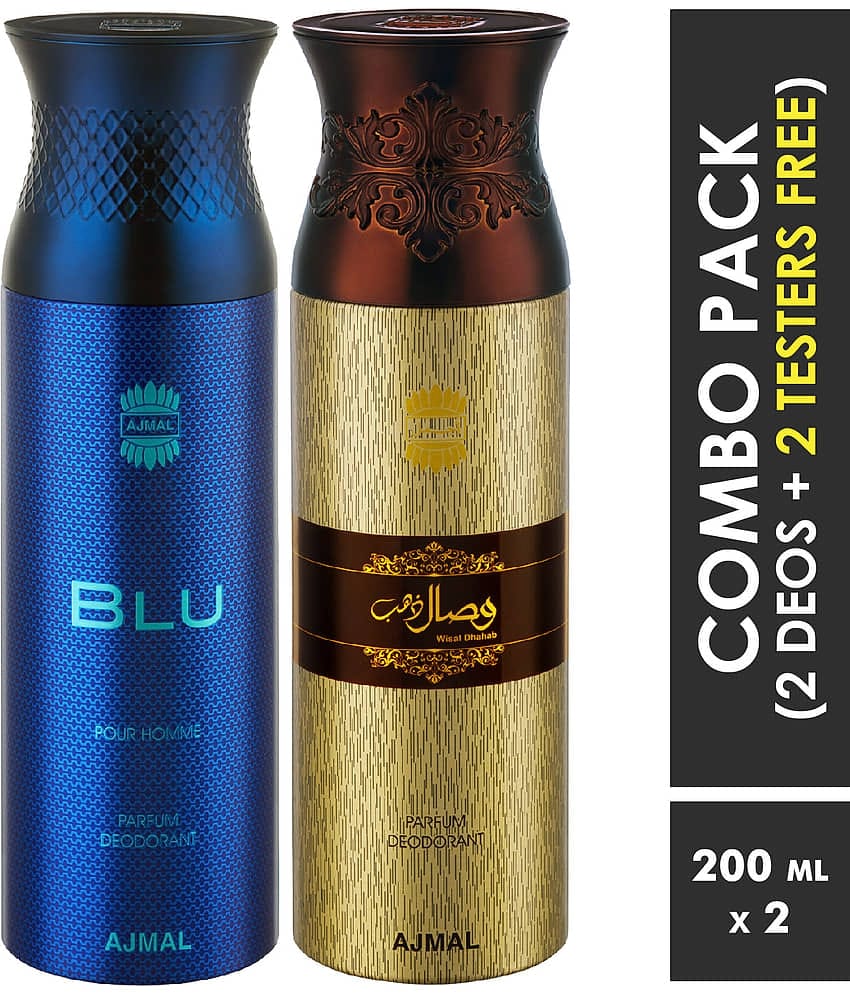 Ajmal Blu & Wisal Dhahab Deodorant Body Spray 200Ml Each Gift For Men & Women Pack of 2