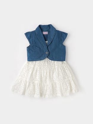 Popees Trendy Sleeveless Schiffly Dress With Denim Shrug Set (3-36 Months) for Girls-9-12 M