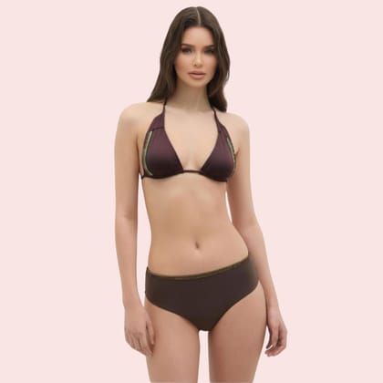 Espresso Dream Embellished Trim Triangle Bikini Topa (Top Only)