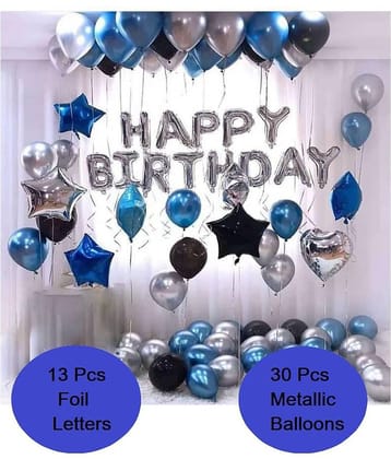 Happy Birthday Letter Foil Balloon Set of Silver + Pack of 30 HD Metallic Balloons (Black, Blue and Silver) for Birthday Decoration