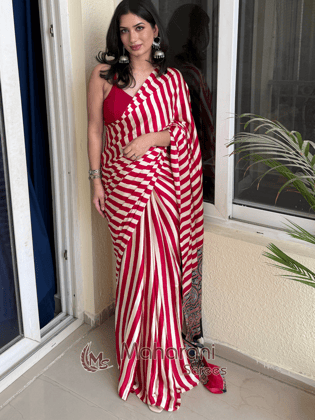 Redish Maroon Striped Ajrakh Hand-Printed Modal Silk Saree