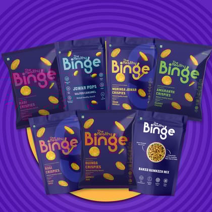 The Healthy Binge | Assorted Baked Chips Snacks for Adults and Kids | Ragi, Jowar, Moringa, Amaranth & Quinoa Crispies | Indian Masala, Cajun Spice, Cheese, BBQ, Chatpata Chaat, Salted Caramel | Pack of 6 (40 Gm X 6)