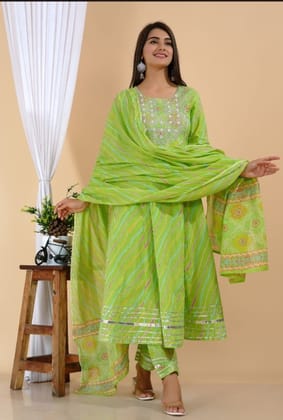 3 pc Pure Cotton Leheriya Print Anarkali Set-M