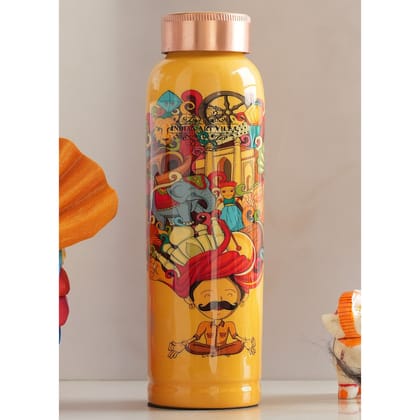 Rajasthani Meena "Padharo Mhare Desh" Printed Theme Pure Copper Bottle, 900 ML-RajasthaniPagdiArt