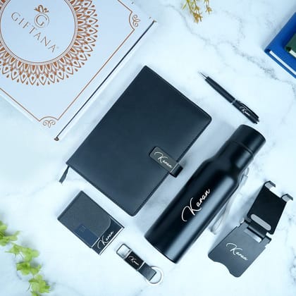 Premium Personalized Gift Set with Notebook Diary, Steel Bottle, Metal Pen, Leather Keychain, Leather Cardholder, and Mobile Stand