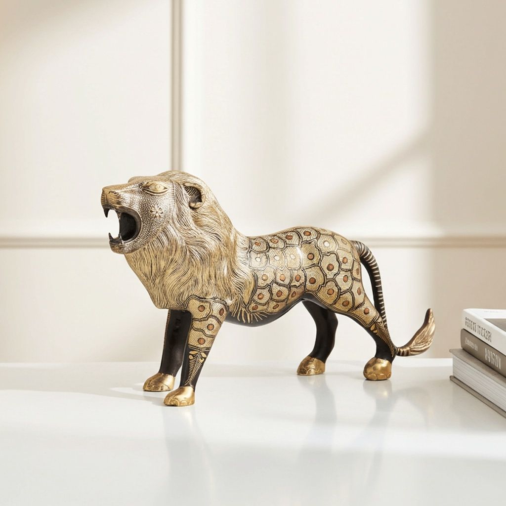 Decorative Brass Lion Statue � Luxury Brass Showpiece for Living Room & Office, Height : 12 Inch (ANMAS127)