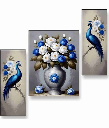 SAF Peacock with Blue & White Rose Wall Art – 3 Panel Royal Bird & Floral Vase Painting for Luxurious Living Room Décor 12 Inch x 20 Inch