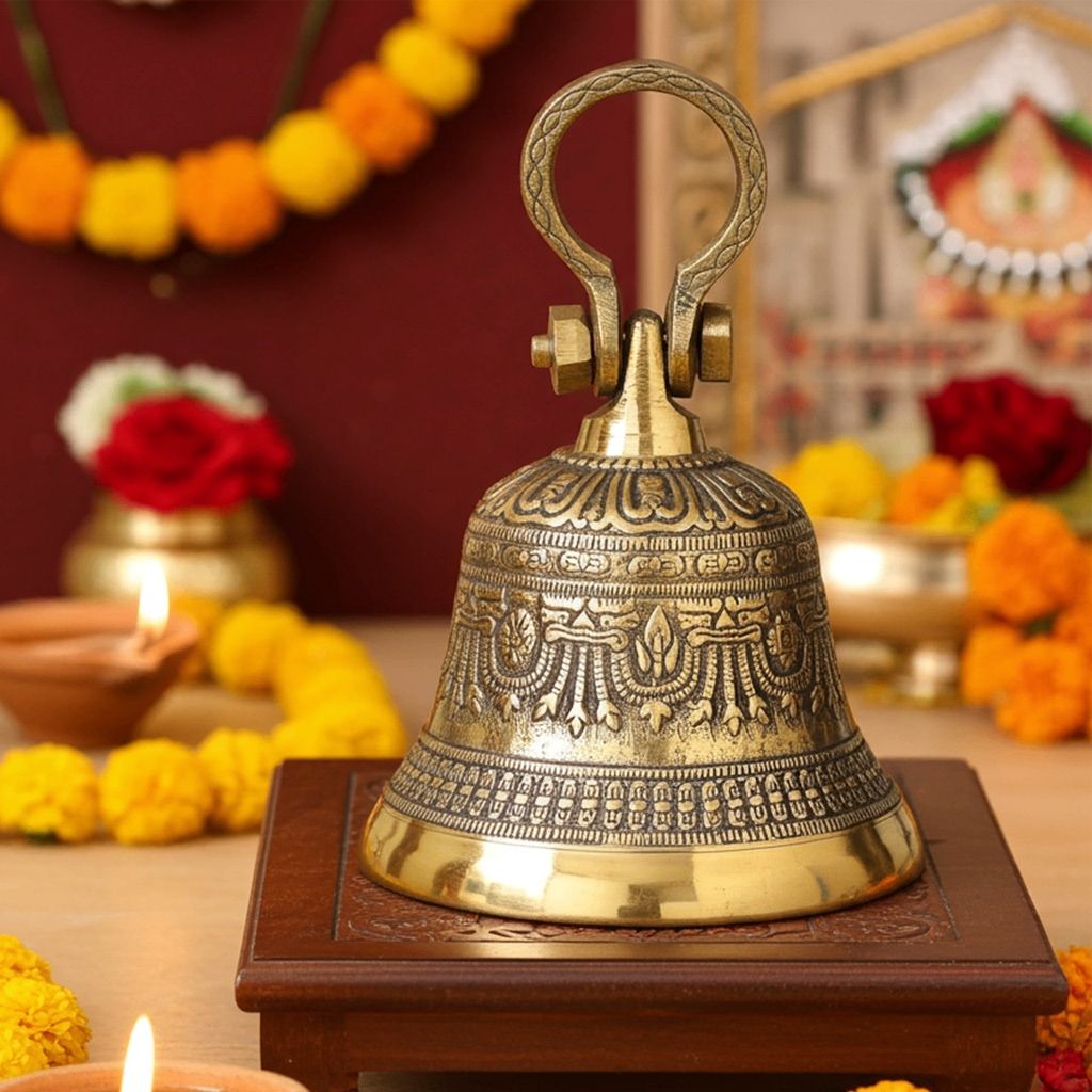Brass Hanging Temple Pooja Bell, Ghanta Embose, Height : 7 Inch (ZMAS221 D)