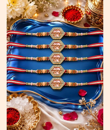 Rhosyn Fancy 5 Designer Bhai Rakhis, 1 Greeting Card & 1 Small Roli, Chawal, Chandan & Mishri Pack Adjustable Rakhi ( Pack of 5 , Multicolour )