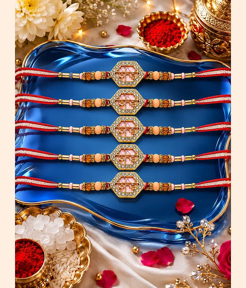 Rhosyn Fancy 5 Designer Bhai Rakhis, 1 Greeting Card & 1 Small Roli, Chawal, Chandan & Mishri Pack Adjustable Rakhi ( Pack of 5 , Multicolour )